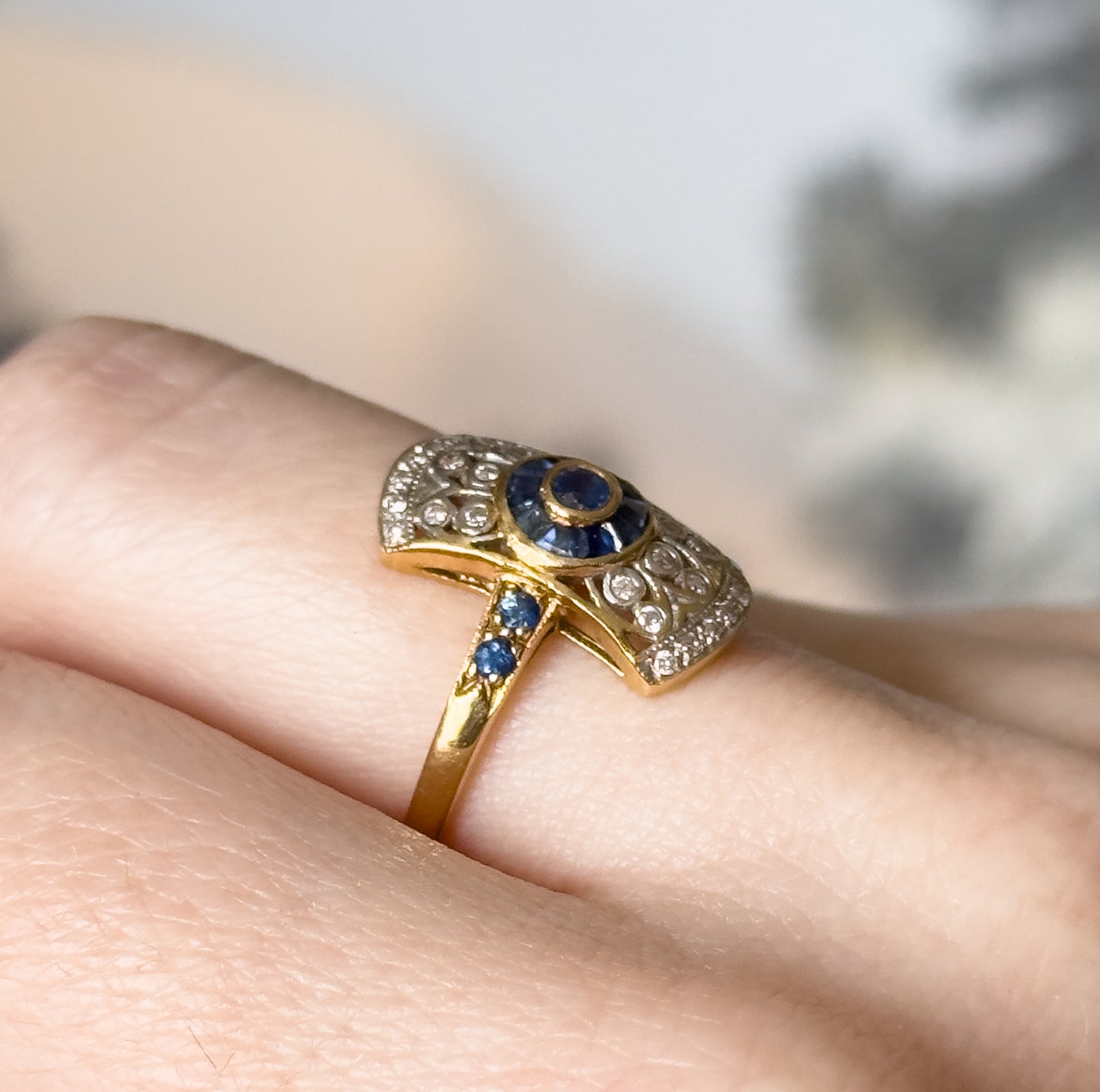 Vintage Art Deco Style Target Ring with Diamonds & Sapphires in 18K Gold