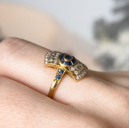 Vintage Art Deco Style Target Ring with Diamonds & Sapphires in 18K Gold