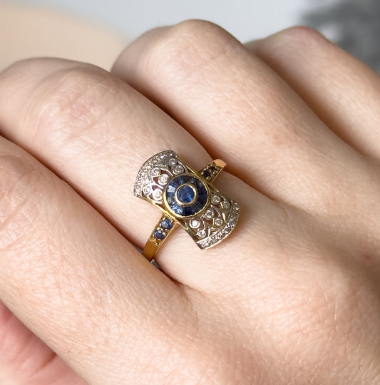 Vintage Art Deco Style Target Ring with Diamonds & Sapphires in 18K Gold