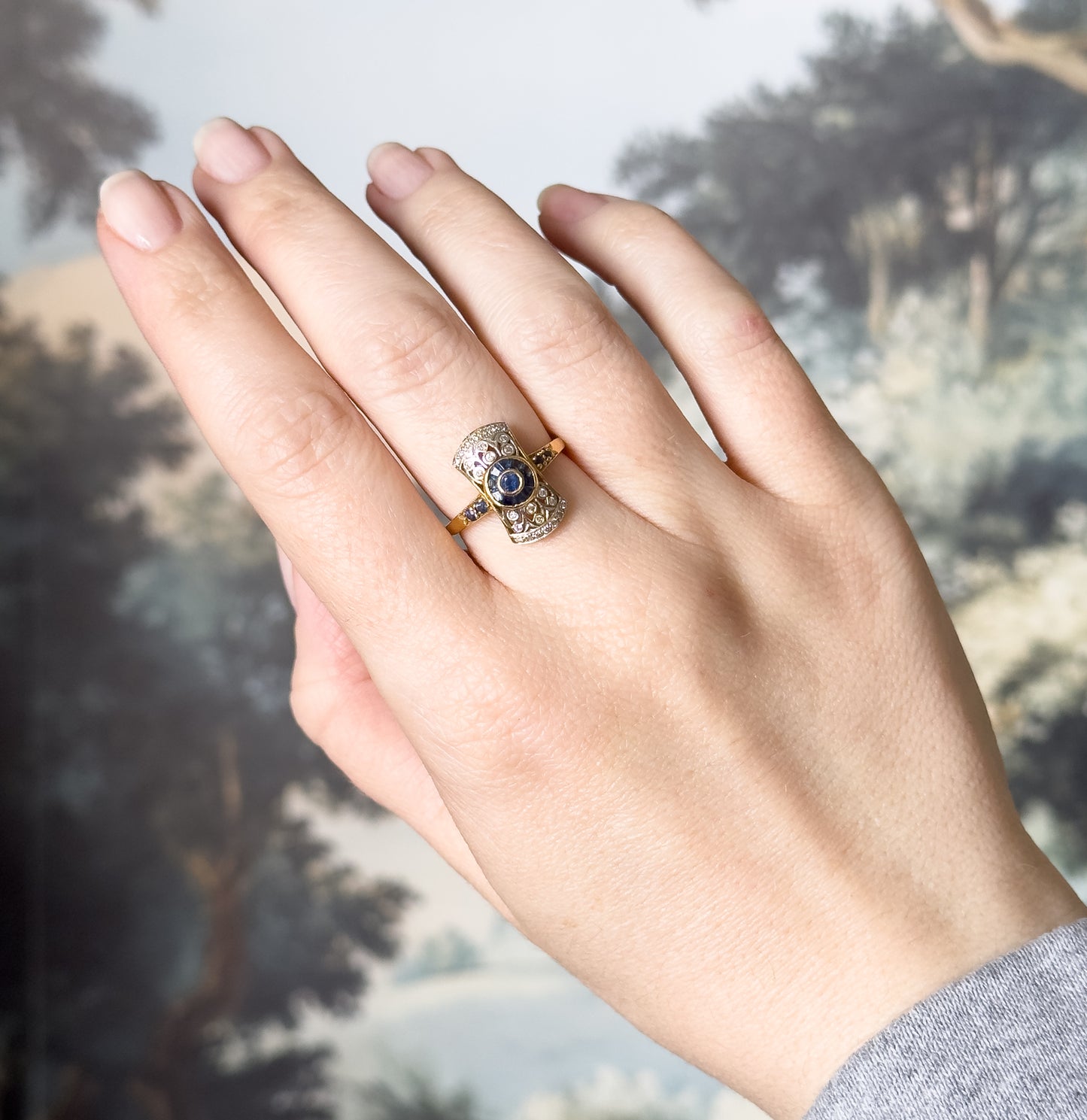 Vintage Art Deco Style Target Ring with Diamonds & Sapphires in 18K Gold