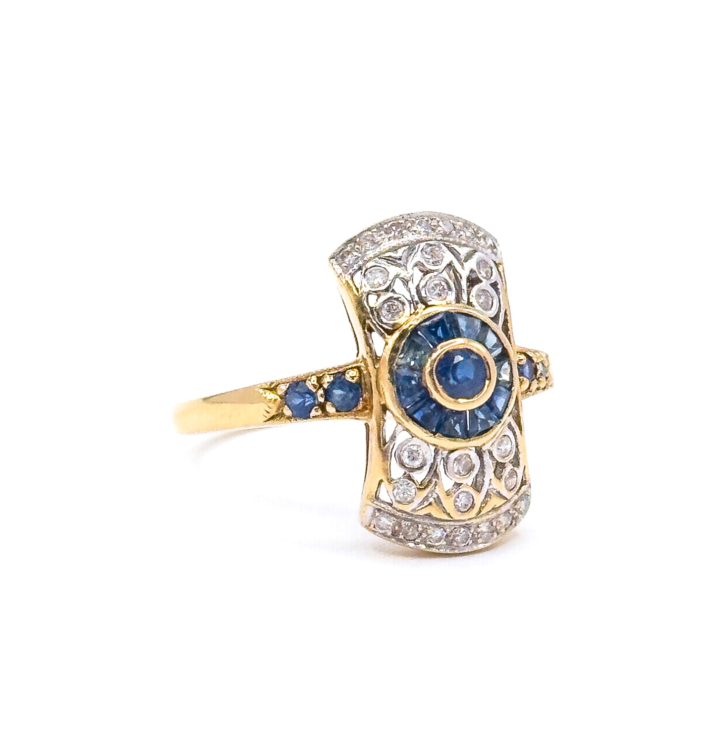 Vintage Art Deco Style Target Ring with Diamonds & Sapphires in 18K Gold