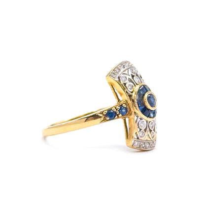 Vintage Art Deco Style Target Ring with Diamonds & Sapphires in 18K Gold