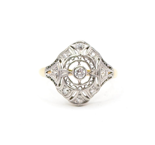 Art Deco Diamond Filigree Shield Ring in Two Tone 14K Gold