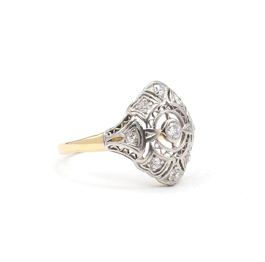 Art Deco Diamond Filigree Shield Ring in Two Tone 14K Gold