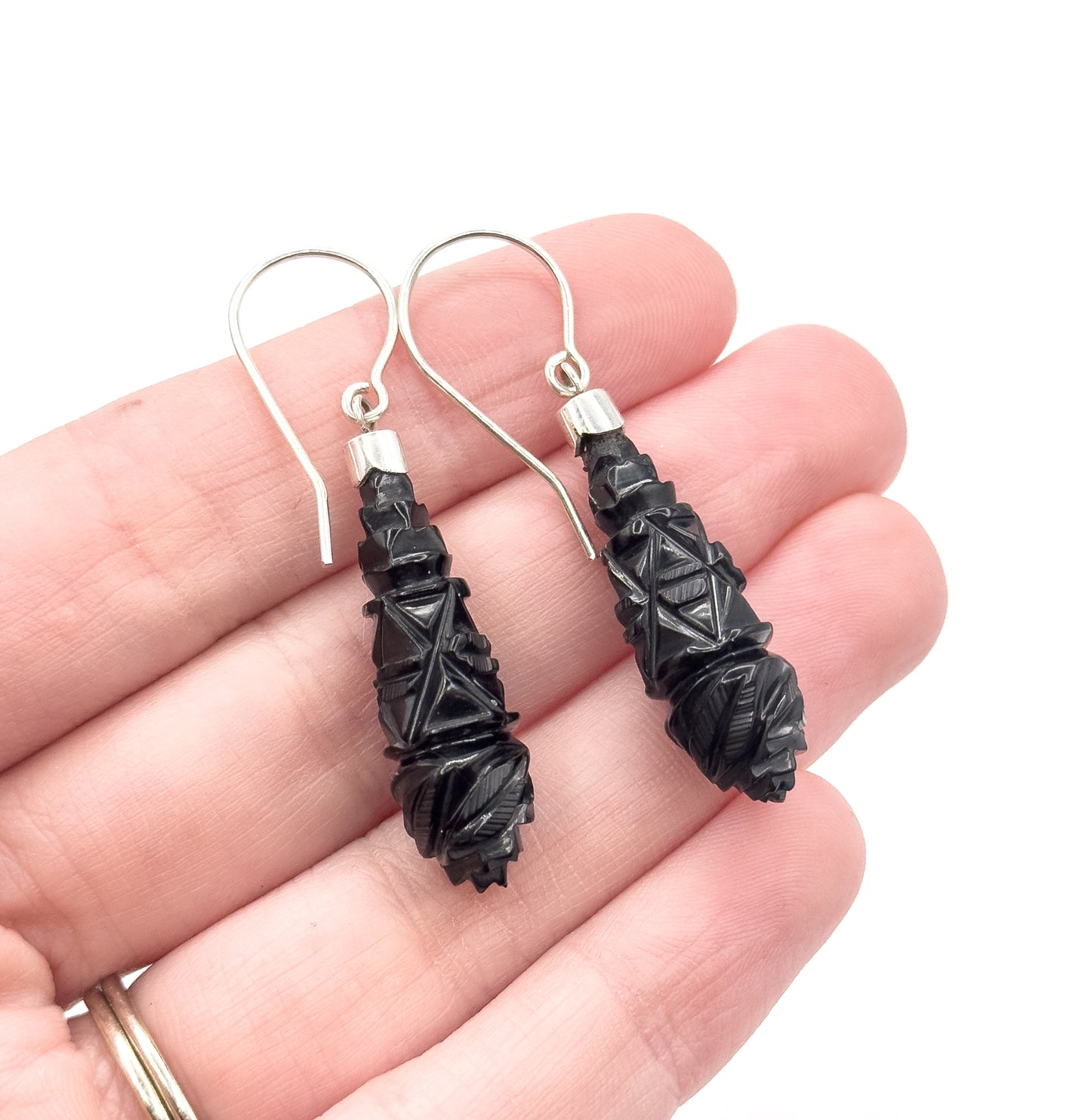 Victorian Carved Jet Drop Earrings in Silver