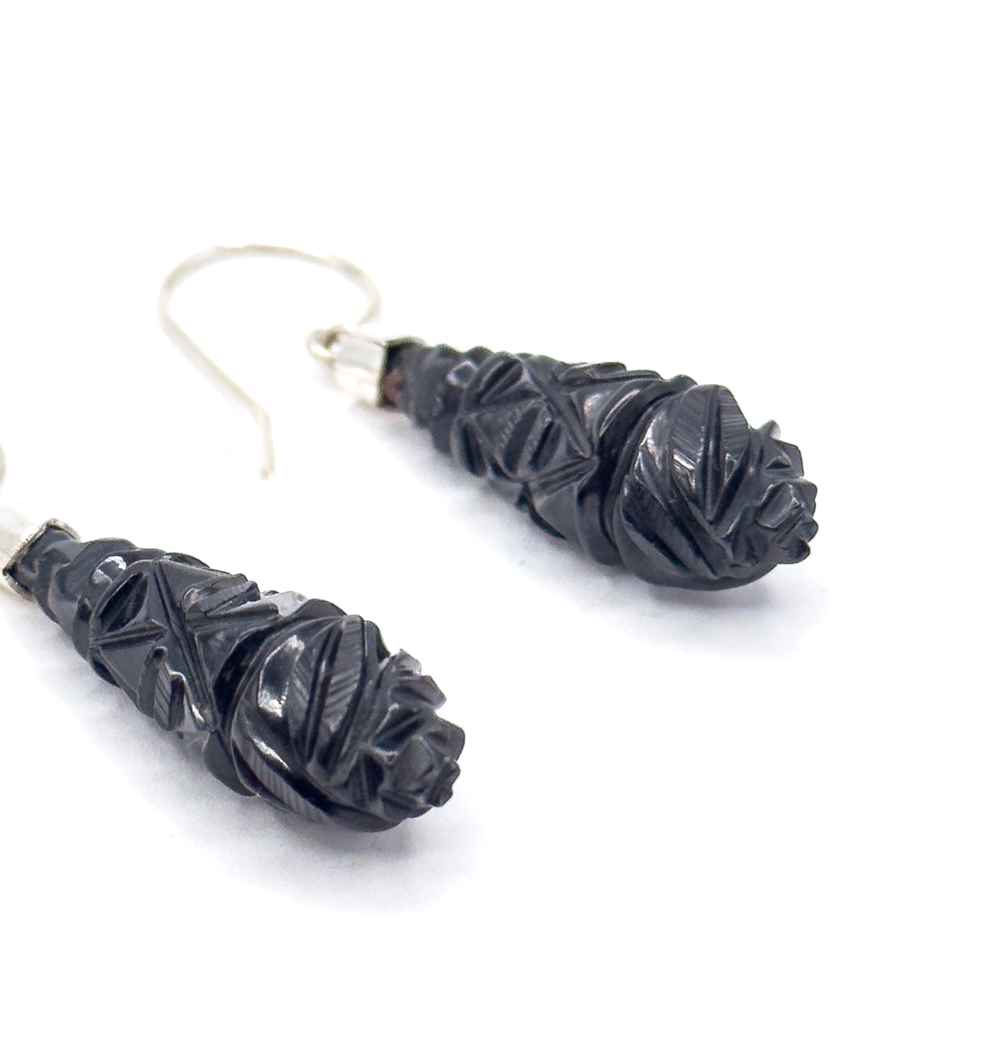 Victorian Carved Jet Drop Earrings in Silver