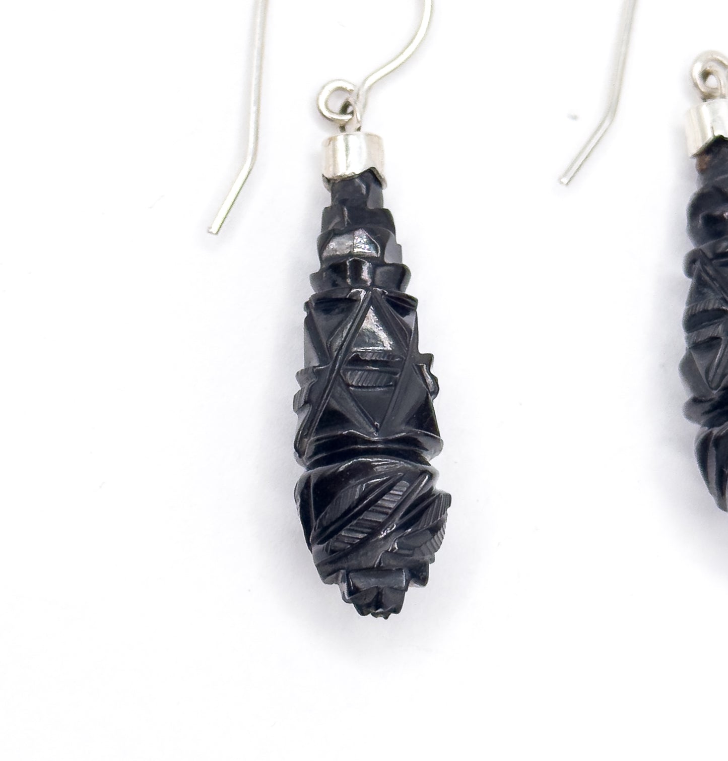 Victorian Carved Jet Drop Earrings in Silver