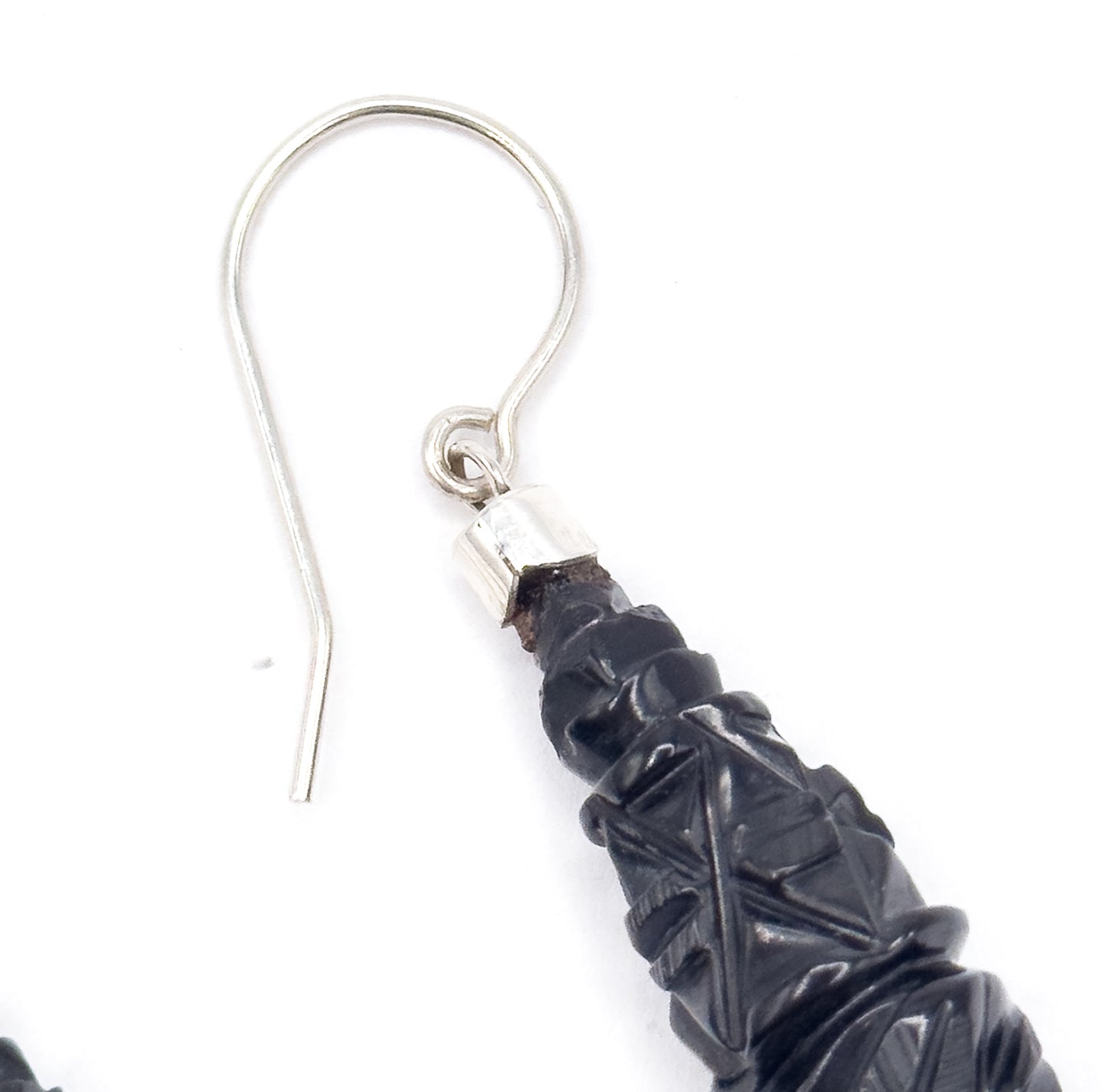 Victorian Carved Jet Drop Earrings in Silver