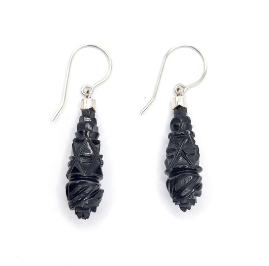 Victorian Carved Jet Drop Earrings in Silver
