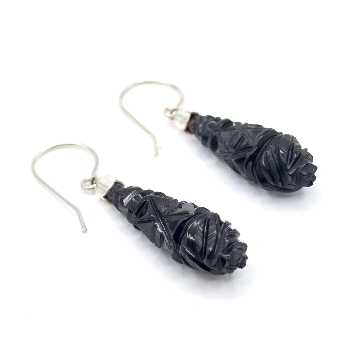 Victorian Carved Jet Drop Earrings in Silver