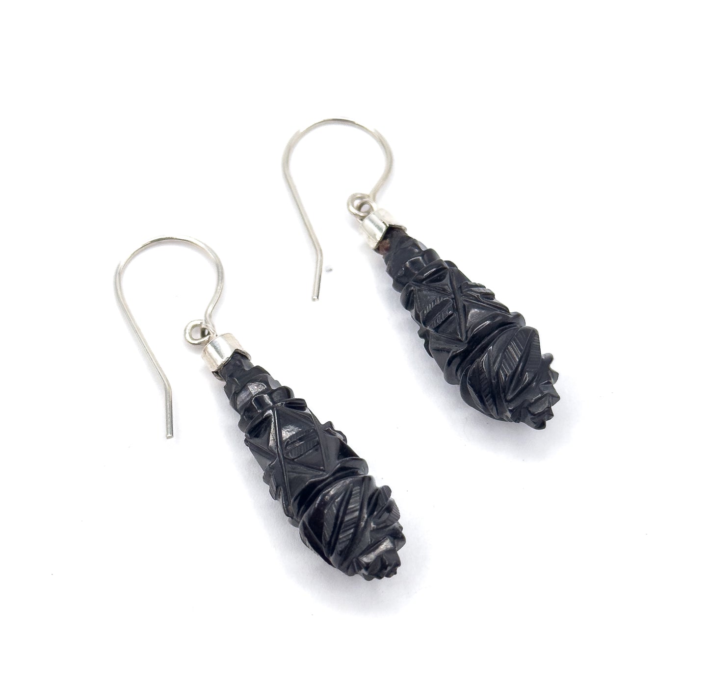 Victorian Carved Jet Drop Earrings in Silver