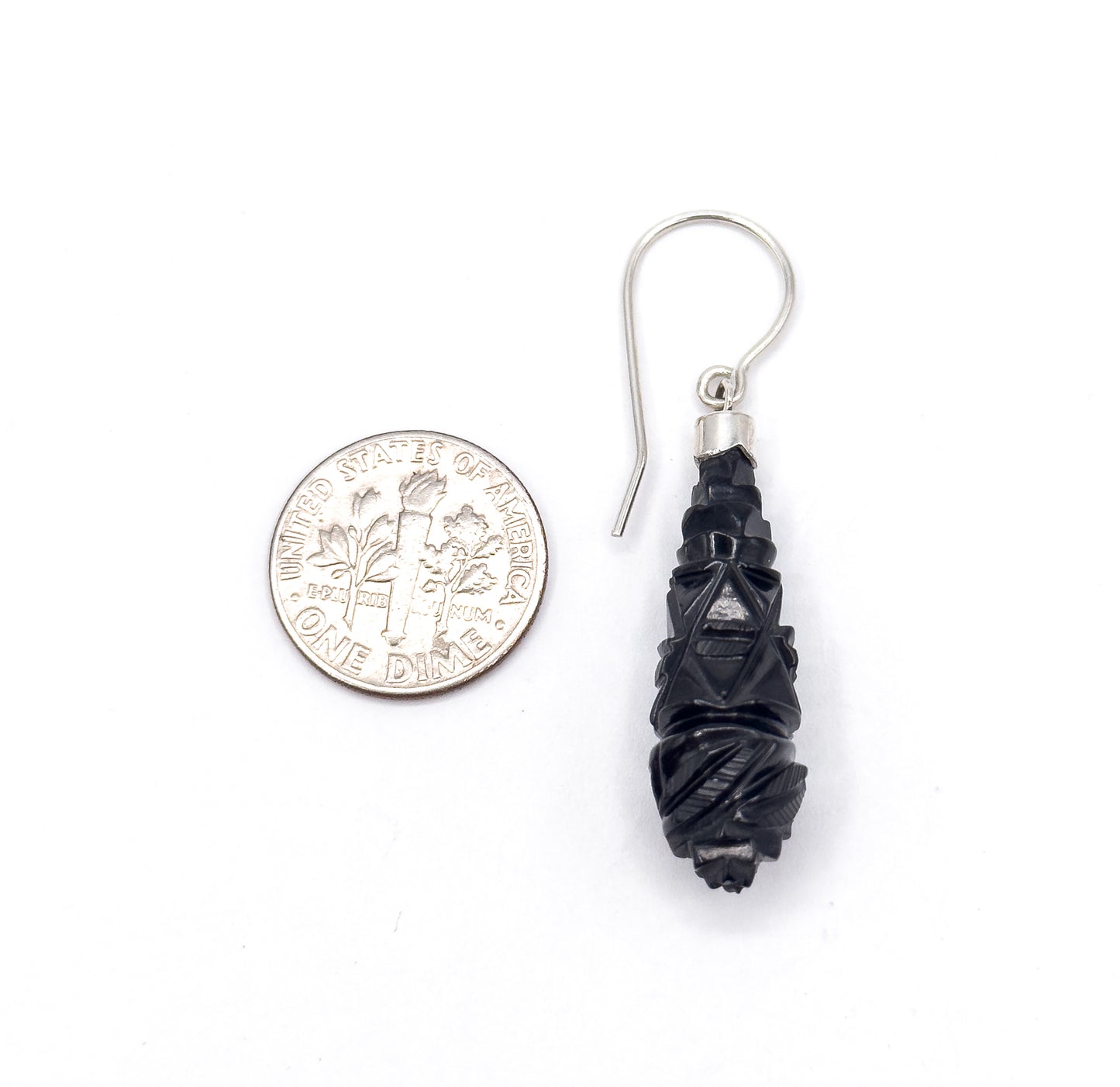 Victorian Carved Jet Drop Earrings in Silver
