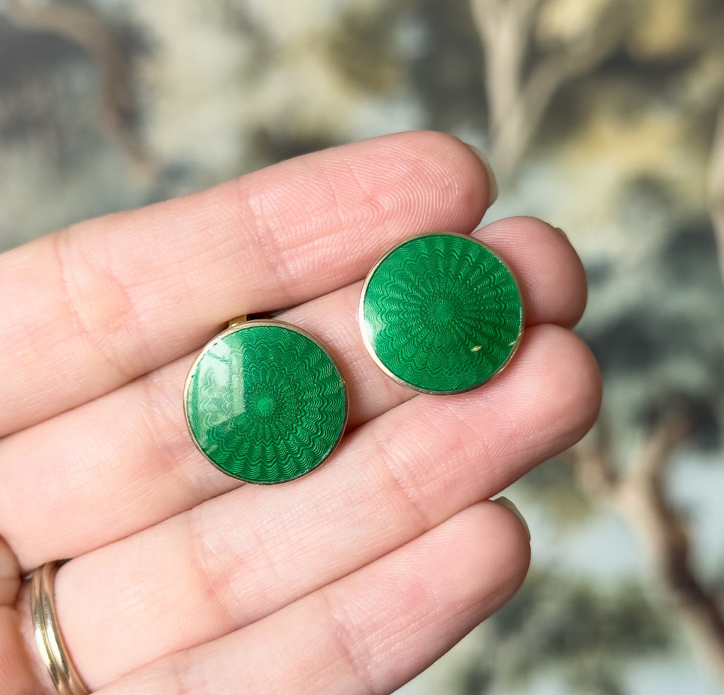 Norwegian green Guilloche clip on earrings in Vermeil