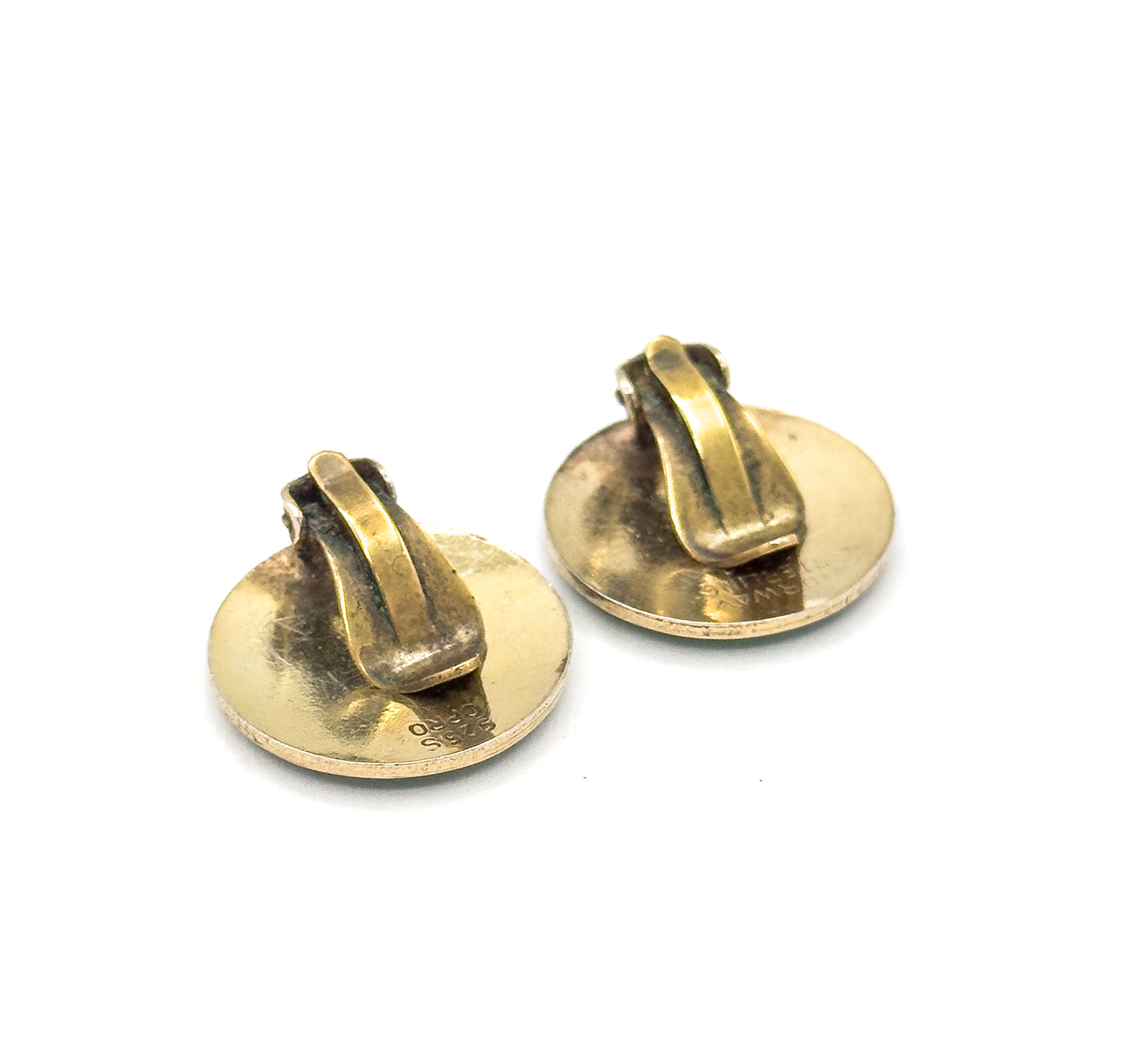 Norwegian green Guilloche clip on earrings in Vermeil