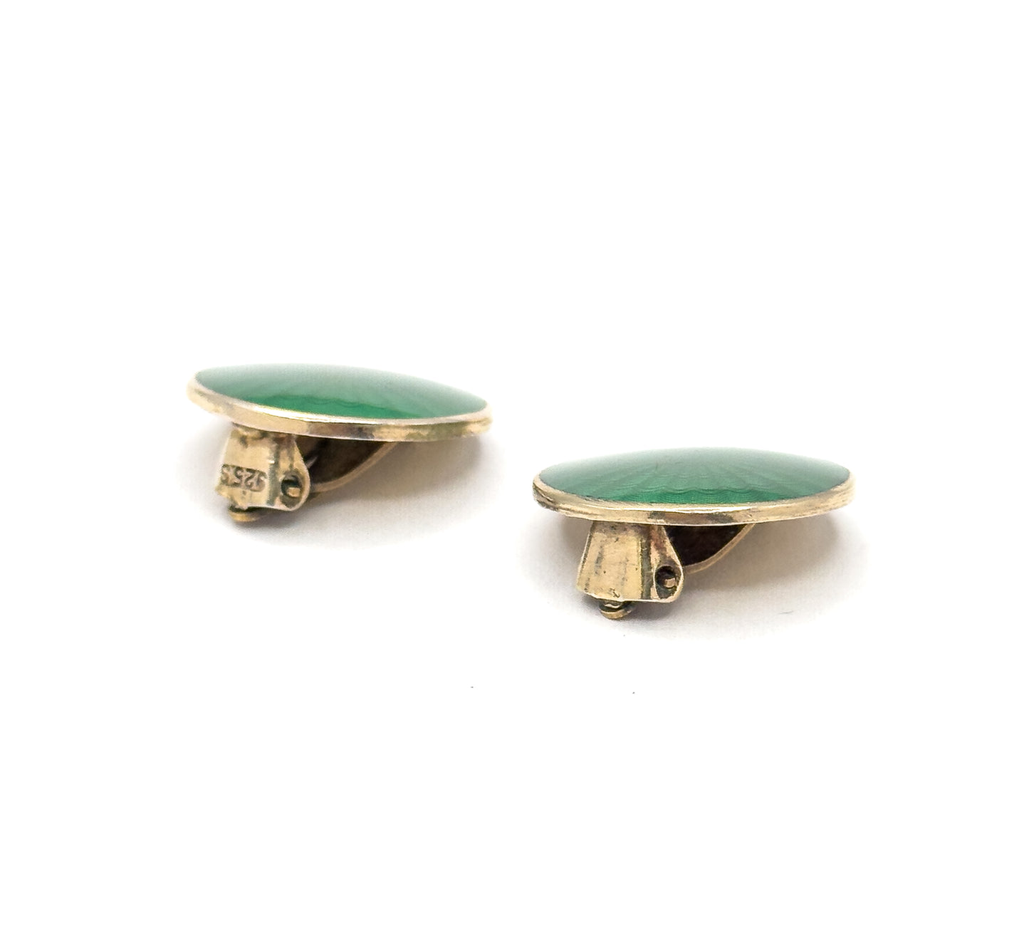Norwegian green Guilloche clip on earrings in Vermeil