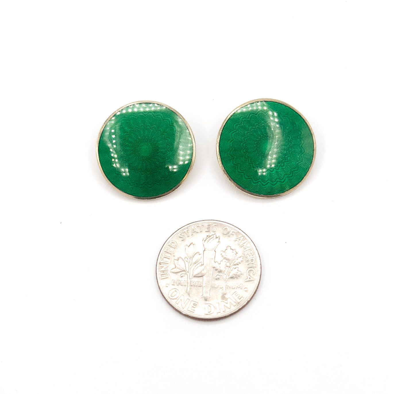 Norwegian green Guilloche clip on earrings in Vermeil