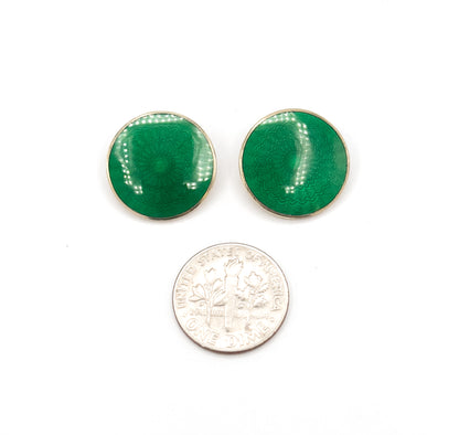 Norwegian green Guilloche clip on earrings in Vermeil