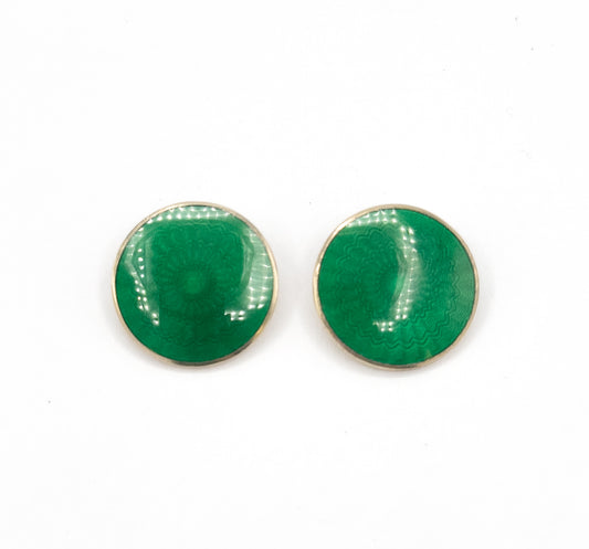 Norwegian green Guilloche clip on earrings in Vermeil