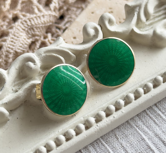 Norwegian green Guilloche clip on earrings in Vermeil