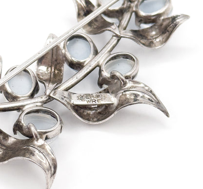 Mid Century Faux Moonstone Cabochon Foliate Brooch in Silver