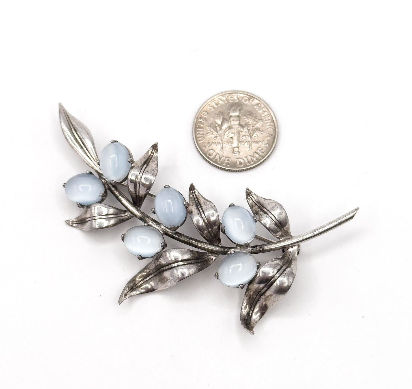 Mid Century Faux Moonstone Cabochon Foliate Brooch in Silver