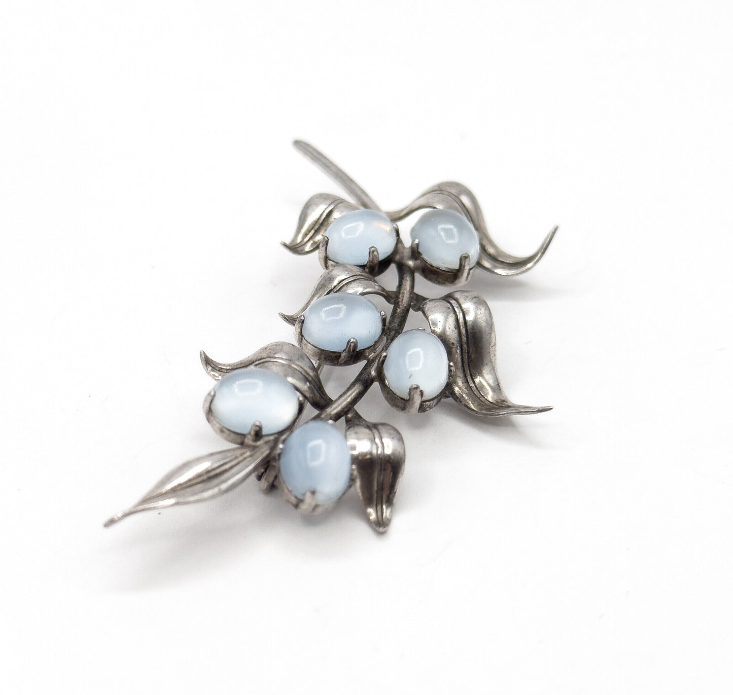 Mid Century Faux Moonstone Cabochon Foliate Brooch in Silver