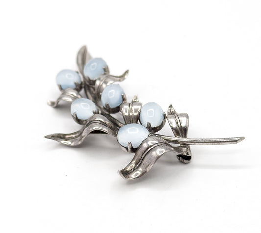 Mid Century Faux Moonstone Cabochon Foliate Brooch in Silver