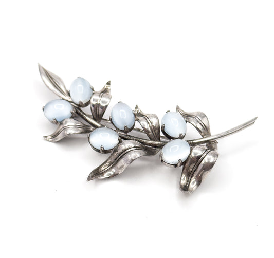 Mid Century Faux Moonstone Cabochon Foliate Brooch in Silver
