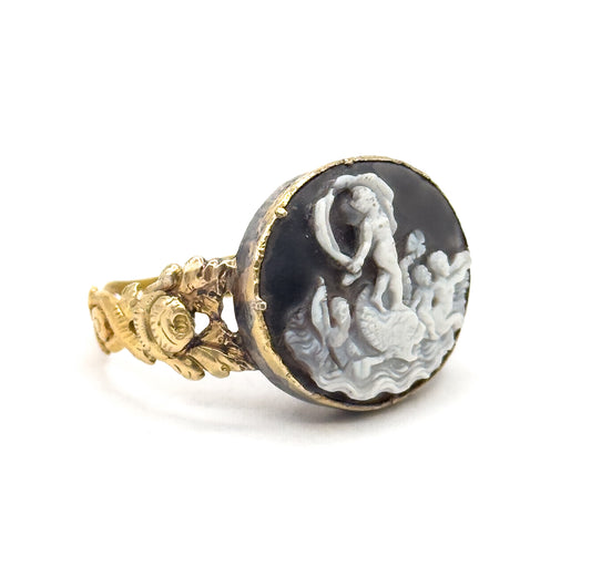 Dramatic Georgian Aphrodite & Dolphin Cameo Ring in Gold
