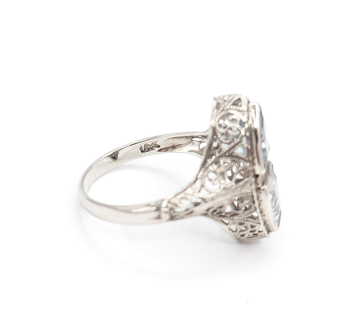 Art Deco Aquamarine Toi et Moi Filigree Ring in White Gold