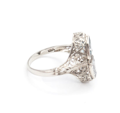 Art Deco Aquamarine Toi et Moi Filigree Ring in White Gold