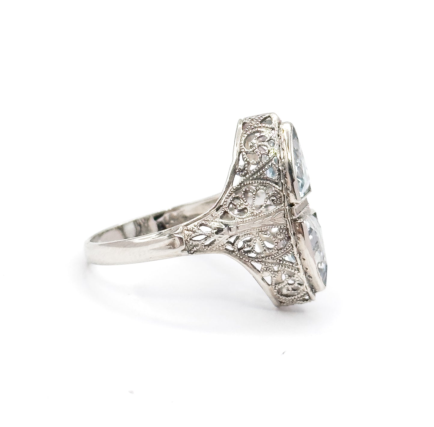 Art Deco Aquamarine Toi et Moi Filigree Ring in White Gold