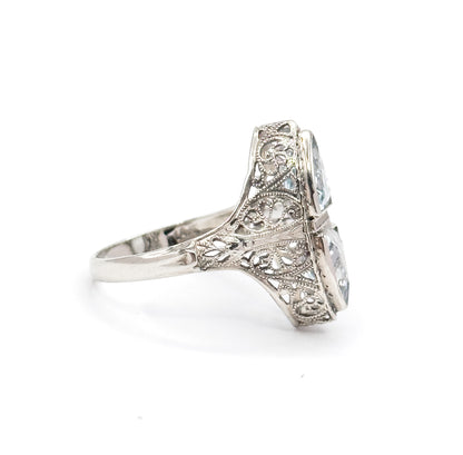 Art Deco Aquamarine Toi et Moi Filigree Ring in White Gold