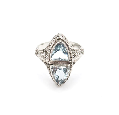 Art Deco Aquamarine Toi et Moi Filigree Ring in White Gold