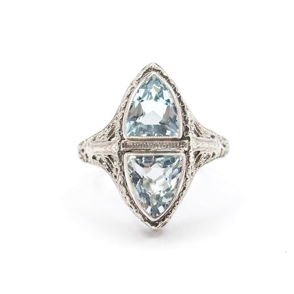 Art Deco Aquamarine Toi et Moi Filigree Ring in White Gold