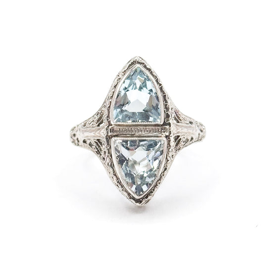 Art Deco Aquamarine Toi et Moi Filigree Ring in White Gold
