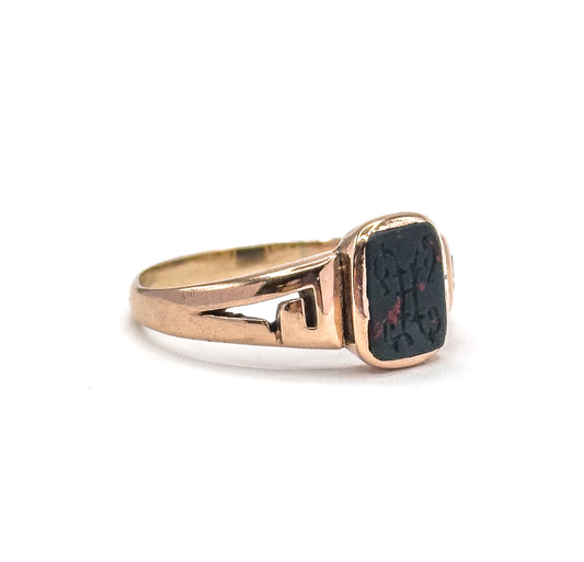 Victorian Bloodstone Signet Ring "H" in Rose Gold