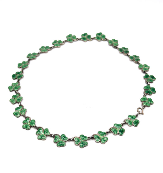 Vintage Green Enamel Clover Necklace in Silver
