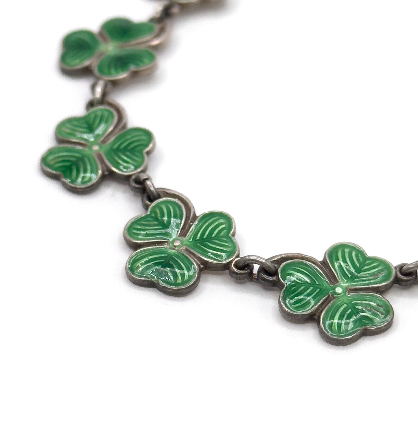 Vintage Green Enamel Clover Necklace in Silver