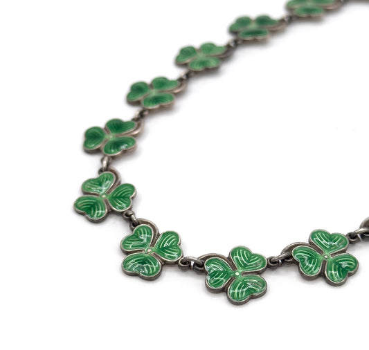 Vintage Green Enamel Clover Necklace in Silver