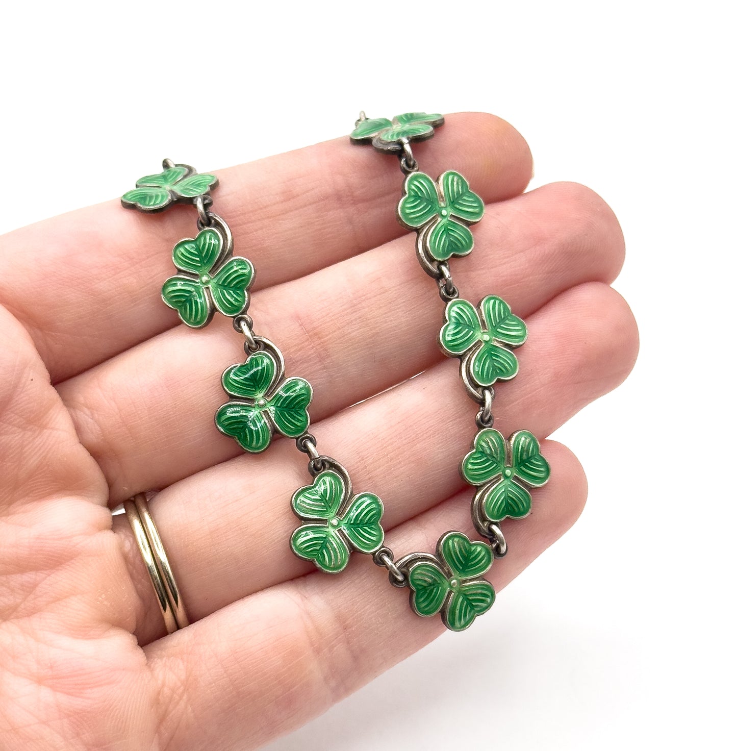Vintage Green Enamel Clover Necklace in Silver