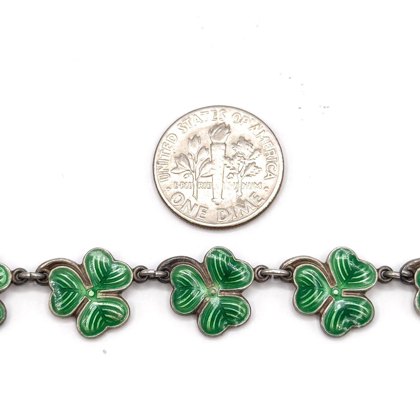 Vintage Green Enamel Clover Necklace in Silver