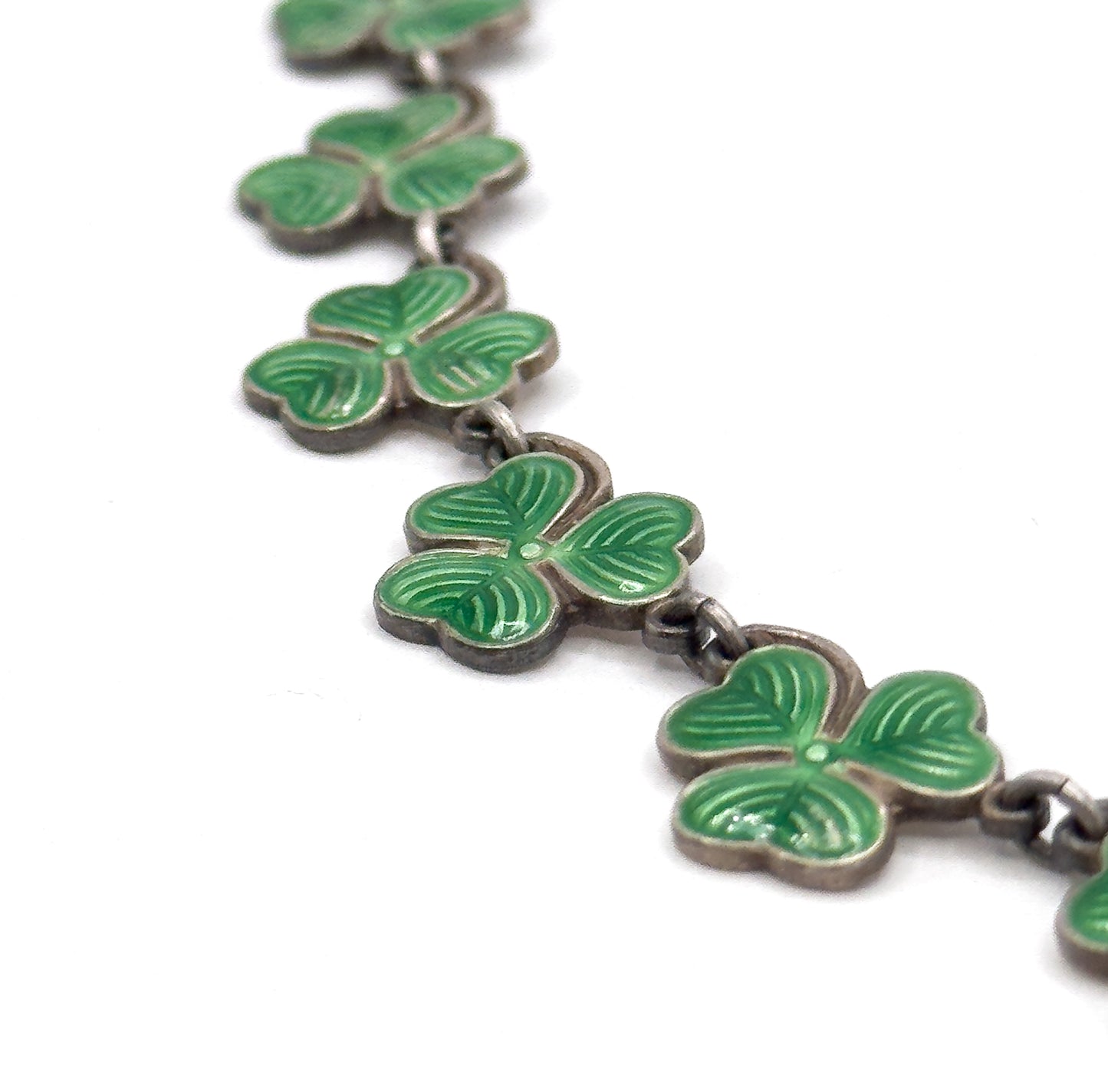 Vintage Green Enamel Clover Necklace in Silver