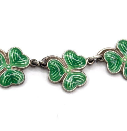 Vintage Green Enamel Clover Necklace in Silver