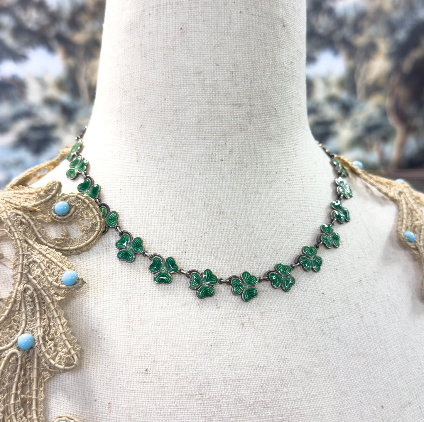 Vintage Green Enamel Clover Necklace in Silver