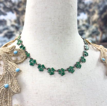 Vintage Green Enamel Clover Necklace in Silver