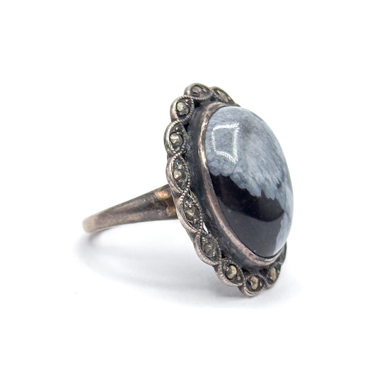 Vintage Snowflake Obsidian Cabochon Ring with Marcasite Halo