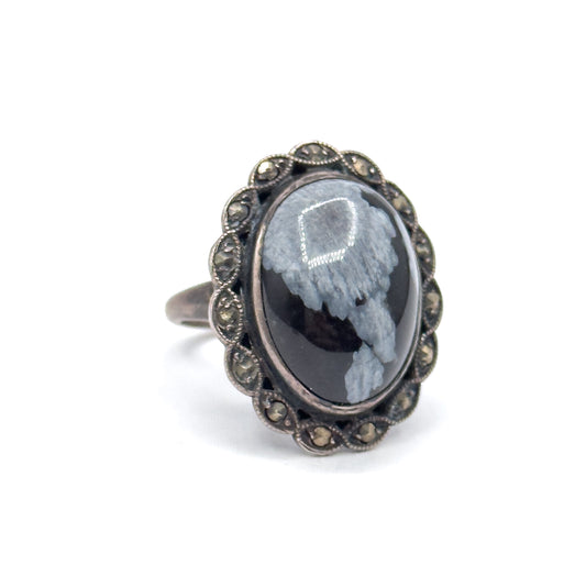 Vintage Snowflake Obsidian Cabochon Ring with Marcasite Halo