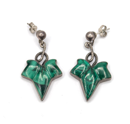 Victorian Carved Malachite Ivy earrings in Silver