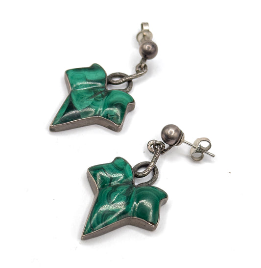 Victorian Carved Malachite Ivy earrings in Silver